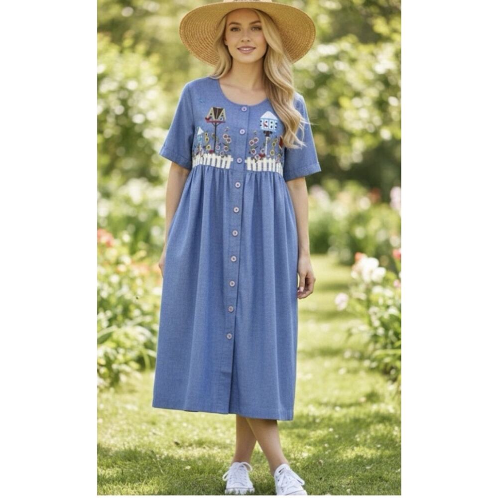 Vintage Bechamel grannycore Embroidered Chambray Button Up Dress Jean large
